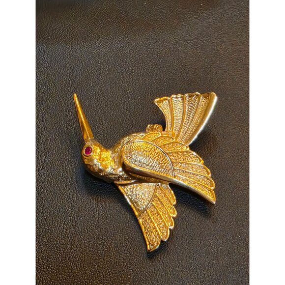 Gold-Tone Hummingbird Pin Brooch With Red Eye Detail - Picture 8 of 8